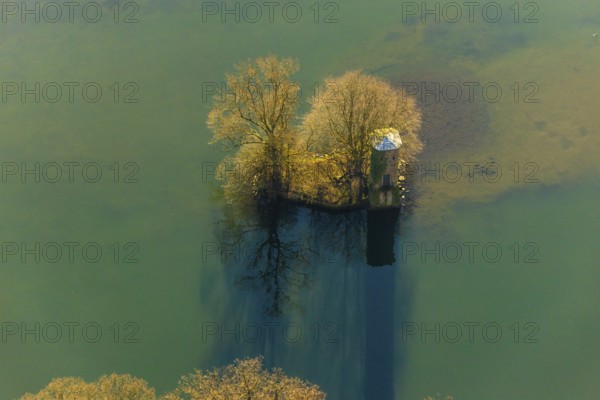 Aerial view, mouse tower on an island in the Hengsteysee, Hengstey, Herdecke, Ruhr area, North