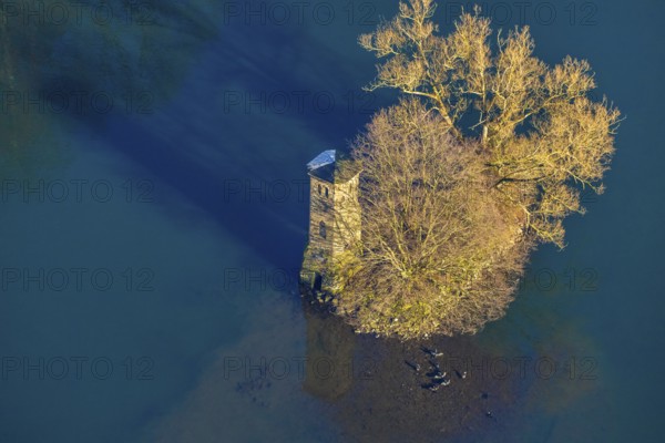 Aerial view, mouse tower on an island in the Hengsteysee, Hengstey, Herdecke, Ruhr area, North