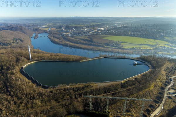 Aerial view, river Ruhr, pumped storage power station, Köpchenwerk, storage basin, Herdecke, Ruhr