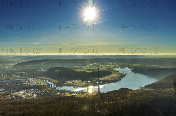 Aerial view, landscape panorama, Harkortsee, river Ruhr, view to Hagen-Vorhalle, Herdecke, Ruhr