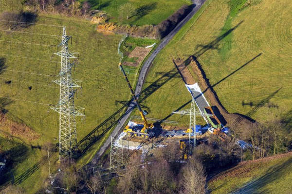 Aerial view, construction site In der Erdbrügge, new high-voltage pylons, In der Erdbrügge,