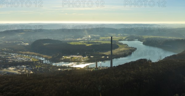 Aerial view, landscape panorama, Harkortsee, river Ruhr, view to Hagen-Vorhalle, Herdecke, Ruhr