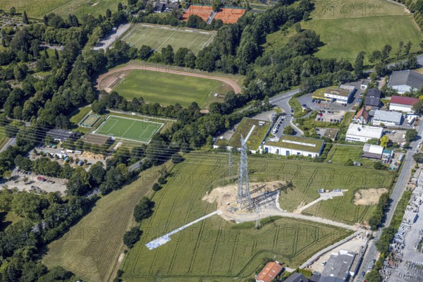 Aerial view, commercial area Gahlenfeld, construction site, power line, sports facility