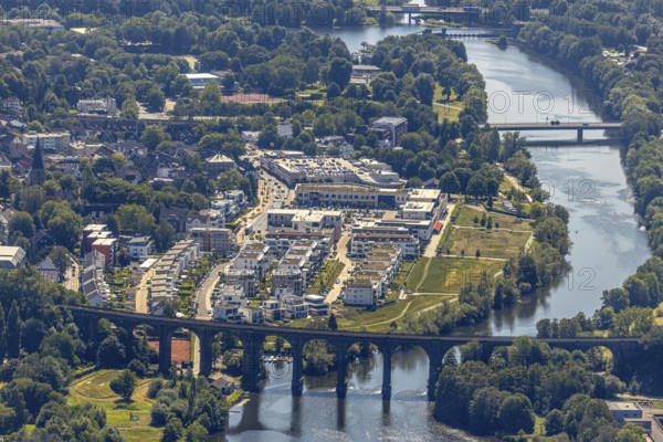 Aerial view, Quartier Ruhr-Aue Center, Ruhr promenade, Ruhr river, Ruhr viaduct Herdecke, Ruhr
