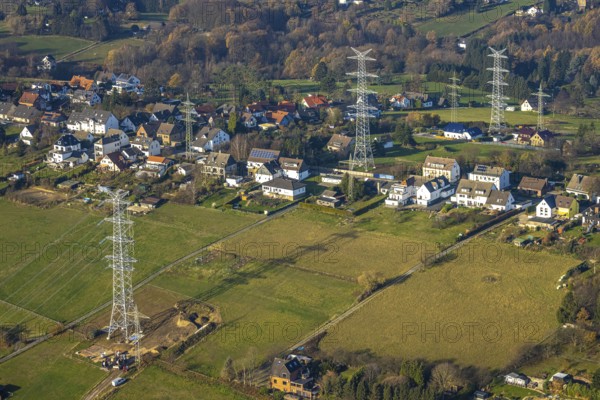 Aerial photo, construction power line Dortmund-Hagen, power pylons, high voltage, Ostend, Herdecke,