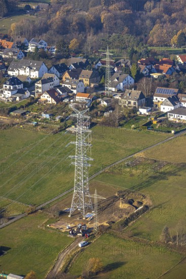 Aerial photo, construction power line Dortmund-Hagen, power pylons, high voltage, Ostend, Herdecke,