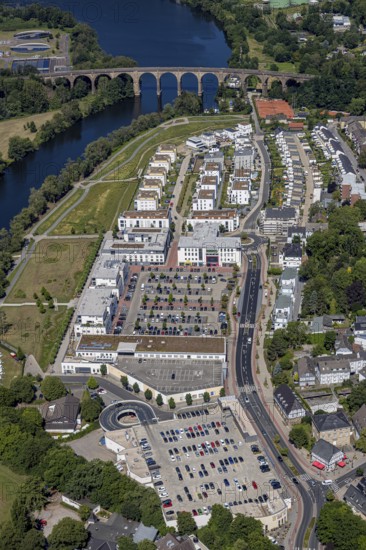 Aerial view, river Ruhr, Ruhr-Aue Center quarter, Ruhr-Viadukt, Herdecke, Ruhr area, North