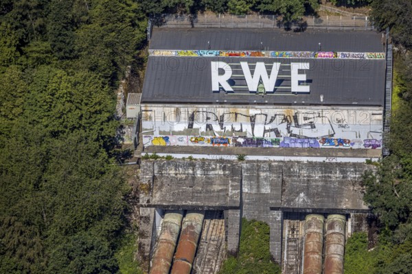 Aerial photo, graffiti, RWE pumped storage power plant Herdecke, Köpchenwerk, Herdecke, Ruhr area,