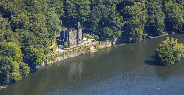 Aerial view, Seeschlösschen Niedernhof, Hengsteysee, Mäuseturm on an island in the Hengsteysee,