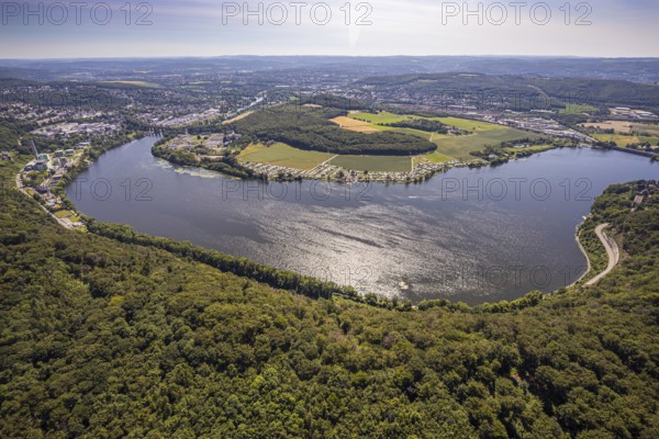 Aerial view, Harkortsee, view to Kaisberg Hagen-Vorhalle, campsite at Harkortsee, weather, Ruhr