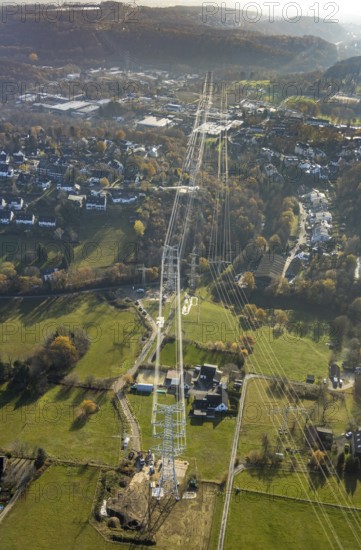 Aerial photo, construction power line Dortmund-Hagen, power pylons, high voltage, Ostend, Herdecke,