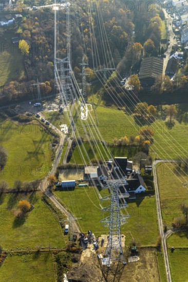 Aerial photo, construction power line Dortmund-Hagen, power pylons, high voltage, Ostend, Herdecke,