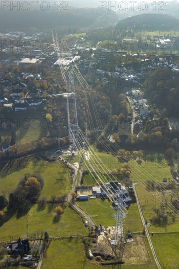 Aerial photo, construction power line Dortmund-Hagen, power pylons, high voltage, Ostend, Herdecke,