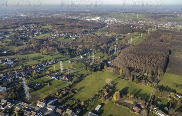 Aerial photo, construction power line Dortmund-Hagen, power pylons, high voltage, Ostend, Herdecke,