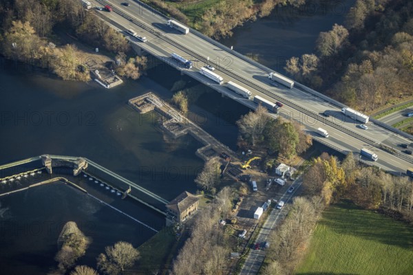Aerial view, construction site new Volme bridge, motorway A1, Volme bridge, Ruhr, Volme, Boele,