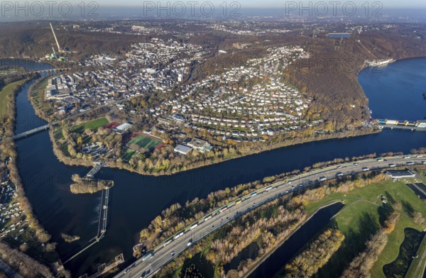 Aerial view, overview Herdecke, Heygsteysee, Harkortsee, Cuno power plant, Köpchenwerk, RWE pumped