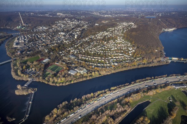 Aerial view, overview Herdecke, Heygsteysee, Harkortsee, Cuno power plant, Köpchenwerk, RWE pumped