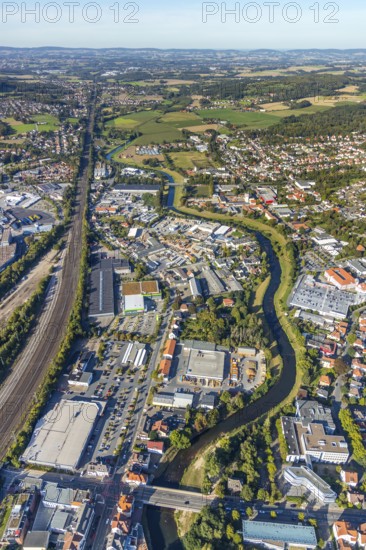 Aerial view, railway tracks, Werre river, Herford city, Herford, Ostwestfalen-Lippe, OWL, North
