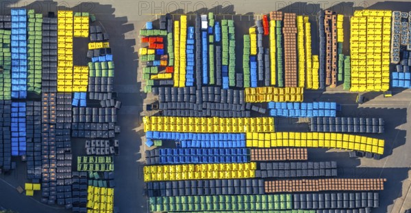 Aerial view, SULO Umwelttechnik GmbH, coloured waste bins, Herford city, Herford,