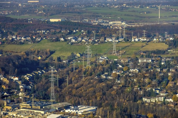 Aerial photo, construction power line Dortmund-Hagen, power pylons, high voltage, Ostend, Herdecke,