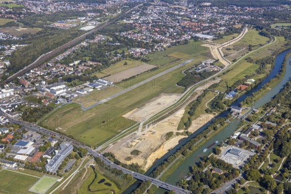 Aerial view, Hamm airfield, Mattenbecke sewage treatment plant, Lippe floodplain, Hamm lock, Lippe