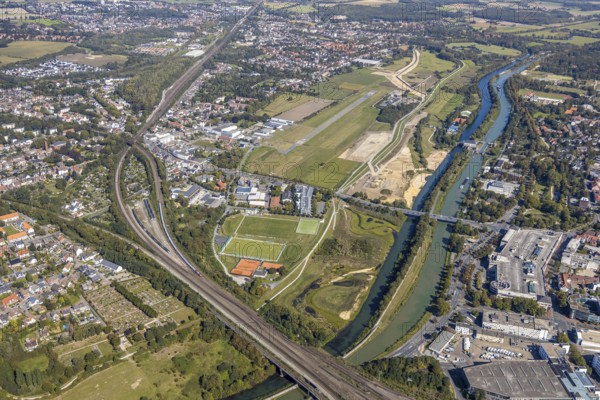Aerial view, Hamm airfield, Mattenbecke sewage treatment plant, Lippe floodplain, Hamm lock, Lippe