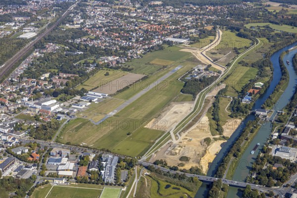 Aerial view, Hamm airfield, Mattenbecke sewage treatment plant, Lippe floodplain, Hamm lock, Lippe