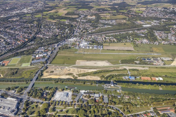 Aerial view, Hamm airfield, Mattenbecke sewage treatment plant, Lippe floodplain, Hamm lock, Lippe