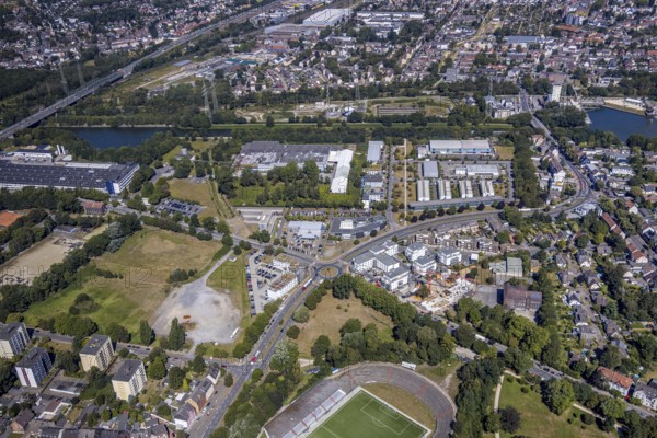 Aerial view, construction site Seniorcampus Herne - Protea wohnen am Schloss, real Arena, Sportclub