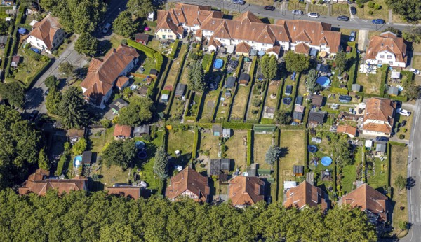 Aerial view, Teutoburgia housing estate with swimming pools in the back gardens, pools, garden