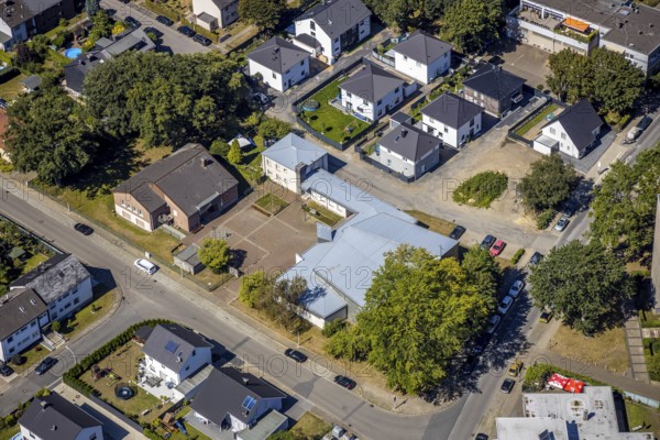 Aerial view, catholic church St. Pius, construction site new building, Herne, Ruhr area, North