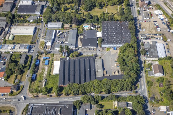 Aerial view, industrial area Am Trimbuschhof, Werkshallenstraße, location for new fire station,