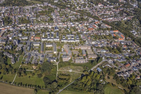 Aerial view, residential area Rheinsberger Platz, urban garden Kornmersch, Kornmersch, Hamm, Ruhr