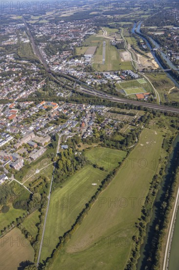 Aerial photograph, Hamm airfield, Mattenbecke sewage treatment plant, Lippe floodplain, River