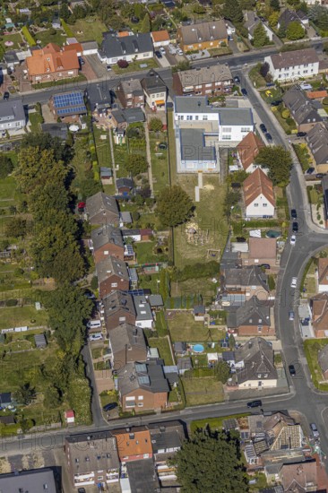 Aerial view, new construction day care centre Wellenbuschstraße, Bockum-Hövel, Hamm, Ruhr area,