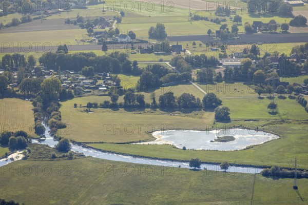 Aerial view, nature reserve Heidemühle, river Lippe, pond with island, Hamm, Ruhr area, North
