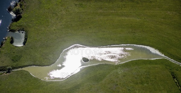 Aerial view, pond with island and water birds in the Lippe floodplains, Hamm, Ruhr area, North