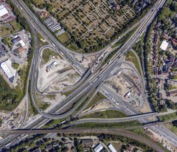Aerial view, motorway junction Herne, new construction tunnel Baukau from the A43 to the A42,
