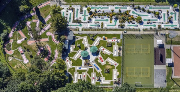 Aerial view, minigolf course MGC Rot-Weiß Wanne-Eickel, Herne, Ruhr area, North Rhine-Westphalia,