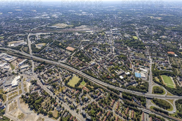 Aerial view, aerial view, motorway A42, motorway junction Herne-Wanne, Wanne-Eickel Hbf, Herne,