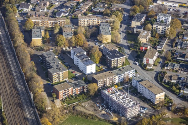 Aerial view, residential buildings construction site Röntgenstraße, Pelkum, Hamm, Ruhr area, North