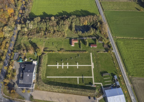 Aerial view, sports field Hammer Sport Club HSC, archery active, Rhynern, Hamm, Ruhr area, North