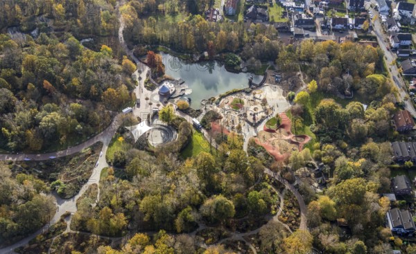 Aerial view, Maximilianpark Hamm, children's playground, fountain pond, Uentrop, Hamm, Ruhr area,