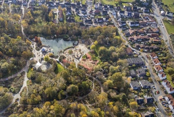 Aerial view, Maximilianpark Hamm, children's playground, fountain pond, Uentrop, Hamm, Ruhr area,