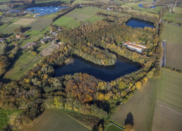 Aerial view, Gut Sternholz, hotel in the forest, Haarener Baggerseen, Uentrop, Hamm, Ruhr area,