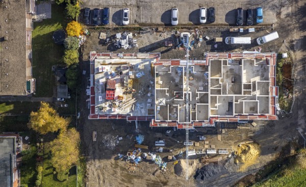 Aerial view, residential buildings construction site Röntgenstraße, Pelkum, Hamm, Ruhr area, North