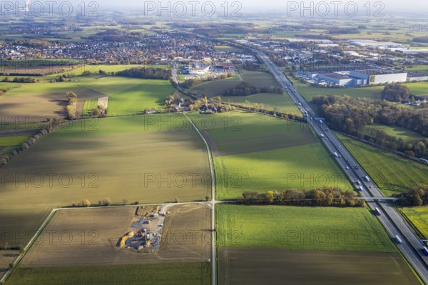 Aerial view, construction site for wind turbines, Hellweg, near the A2 motorway, Rhynern, Hamm,