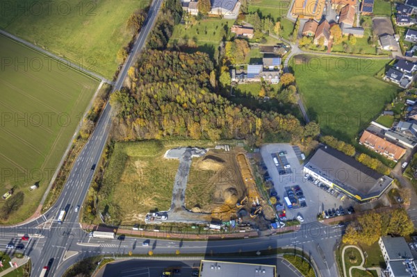 Aerial view, construction area for Galerie Mensing at the intersection of Werler Straße and Unnaer