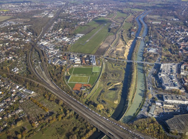Aerial view, Hamm airfield, Lippe floodplain, Münsterstraße, Hamm lock, Lippe river, Datteln-Hamm