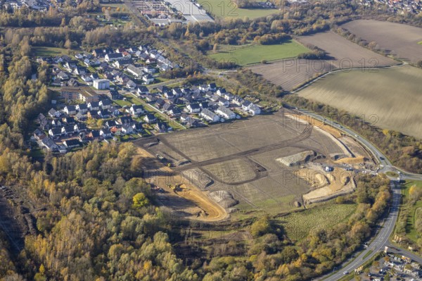 Aerial view, construction area at Sachsenring, roundabout, housing estate, Heessen, Hamm, Ruhr